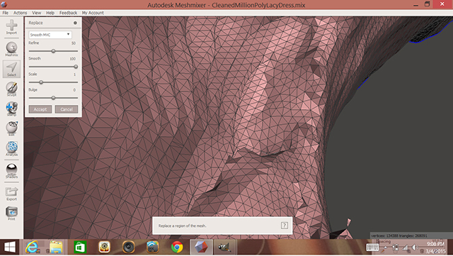 Selected peaks on the interior of the model are flattened with the “edit -> erase and fill” option or by pressing the F key.