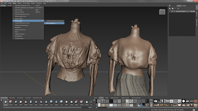 The reduced/fixed portion of the model is then brought into Autodesk Mudbox where the geometry is turned from a triangulated mesh into a quad-based mesh