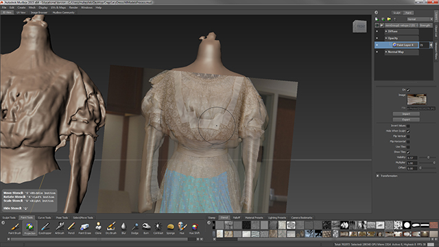 The simplified model’s UV map is brought back to Mudbox and photographs can be directly painted on top of the simplified mesh with the Projection tool. 