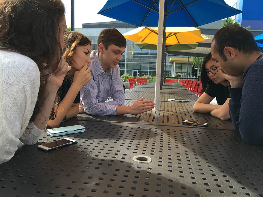 Yaryna Mykhyalyshyn, Anna Maikova, John Gillis and Sintia Radu show Recordly to Google engineer Peng Zhuang (far right). Not pictured: Zolbayar Magsar. May 19, 2016, Mountain View, California.