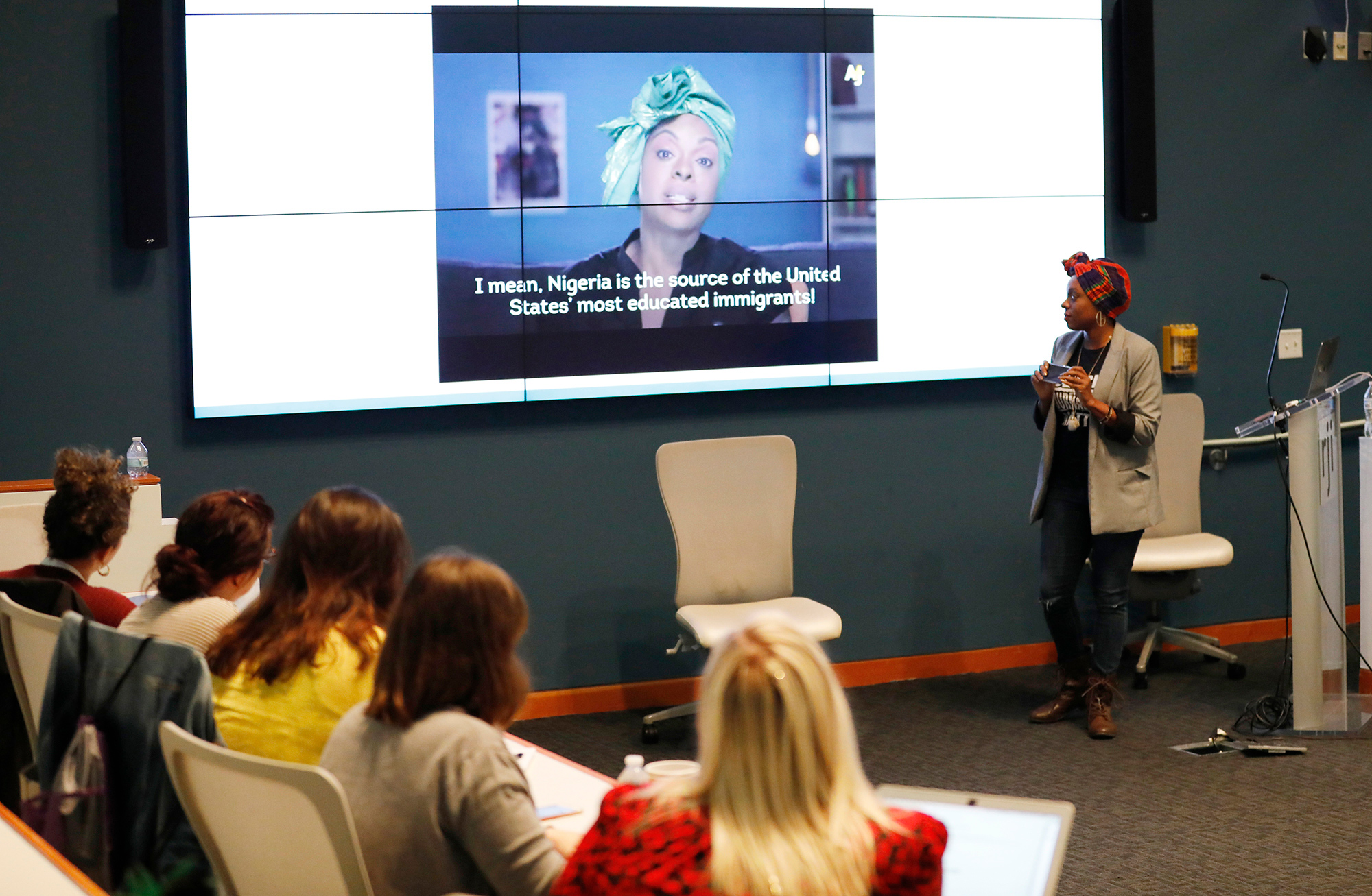 Imaeyen Ibanga, of AJ+, leads a session on online safety at the Women in Journalism Workshop at the Reynolds Journalism Institute Sunday May 5, 2019 in Columbia, Missouri.