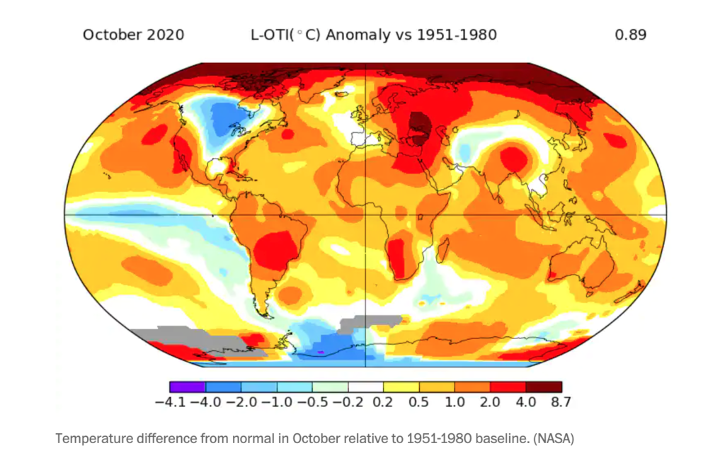 Temperature difference from normal in October relative to 1951–1980 baseline. (NASA)