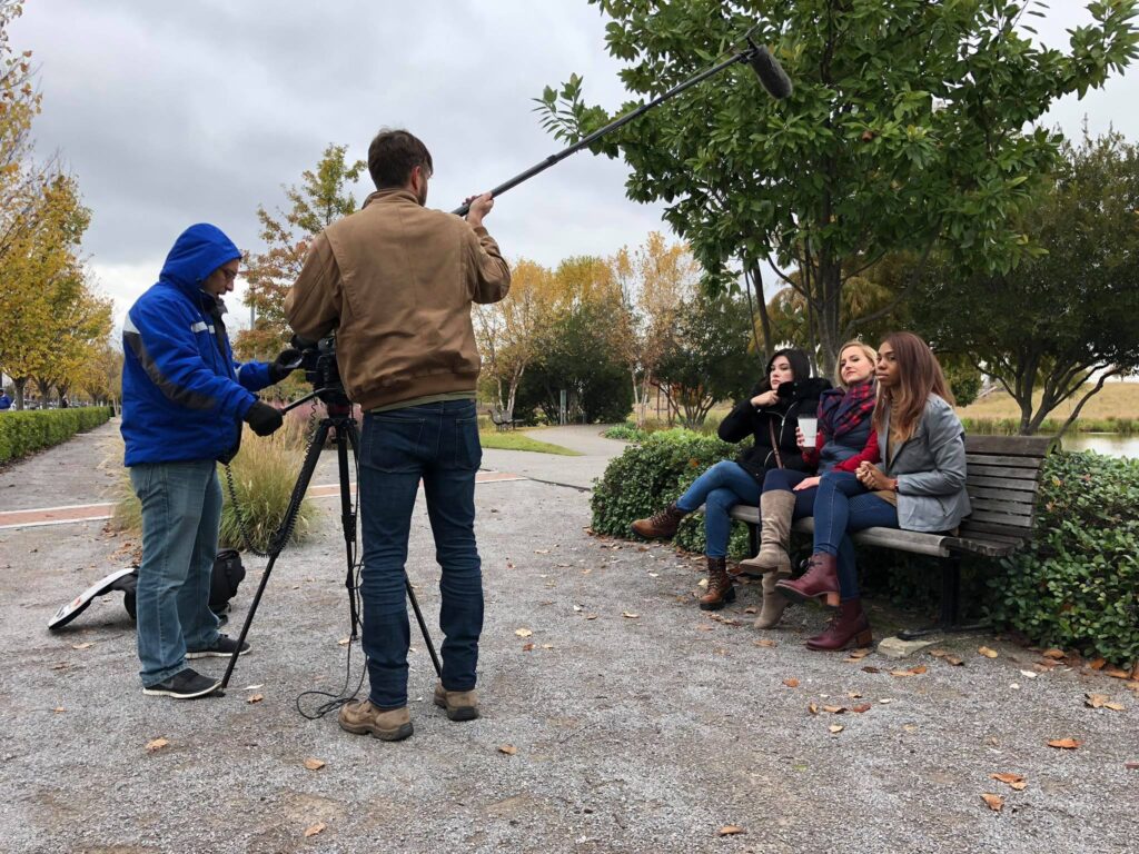 Adam Schwartz and Luke Porter filming an episode of “So True, Y’all” for It’s a Southern Thing in Birmingham, Alabama, with actors Talia Lin, Leah Luker and Gina Miller.  Photo courtesy of Red Clay Media