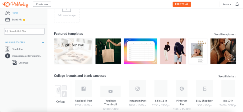 Another popular software among new designers is PicMonkey. It is similar to Canva, but has different templates and more specific layouts for various platforms, such as a YouTube thumbnail, Etsy shop icon, Pinterest pin and Facebook post.