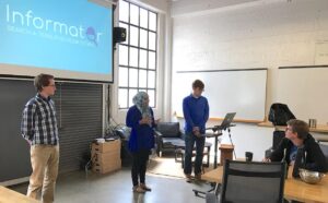 Chris Mitchell, Humera Lodhi and Evan Teters pitch their product idea to Matter’s Peter Mortensen June 1 in San Francisco.