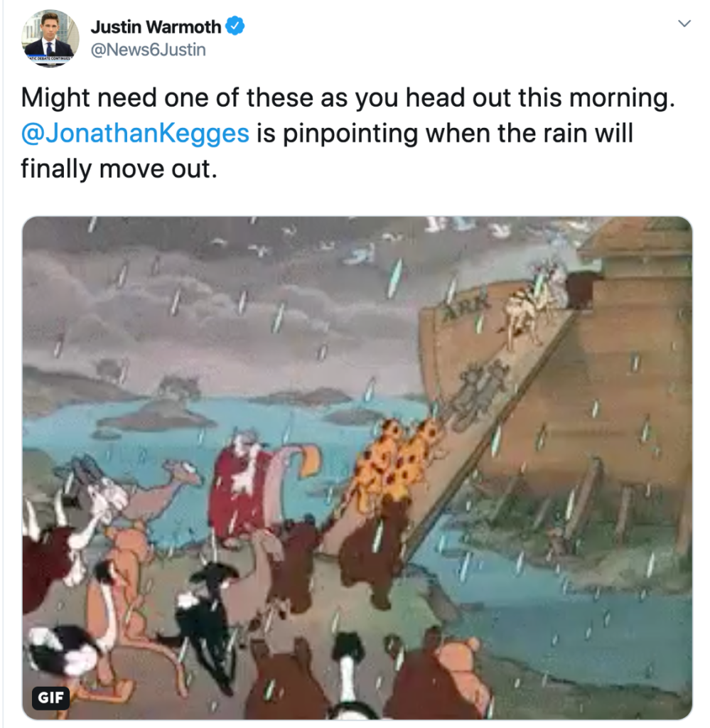 Cartoon of Noah's ark with caption, "Might need one of these as you head out this morning @JohnathanKegges is pinpointing when the rain will finally move out.