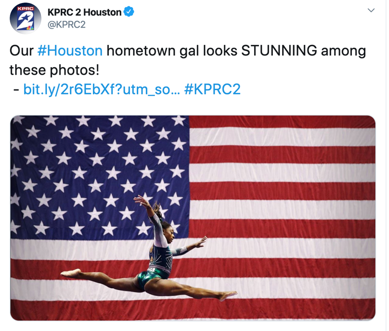 Screen shot from Facebook post with a photo of Simone Biles leaping in front of a giant American flag with the caption "Our #Houston hometown gal looks STUNNING among these photos!"