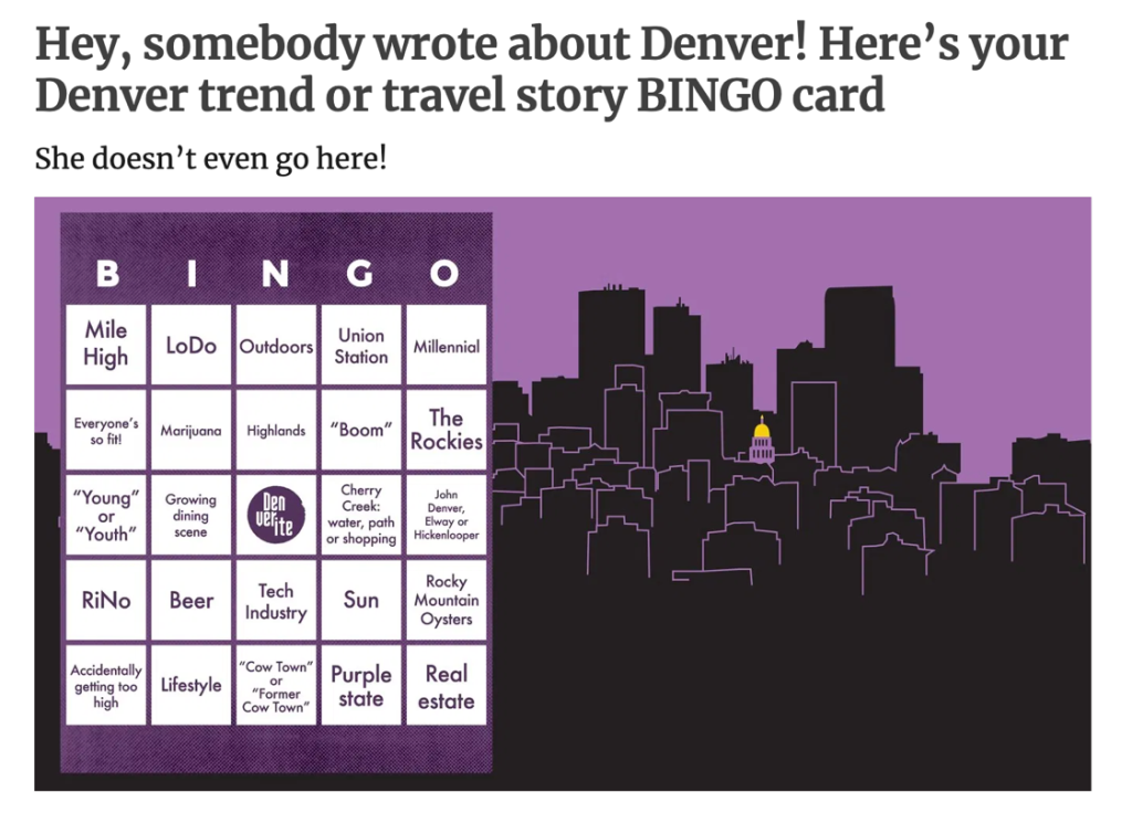 Hey, somebody wrote about Denver! Here's your Denver trend or travel story BINGO card
