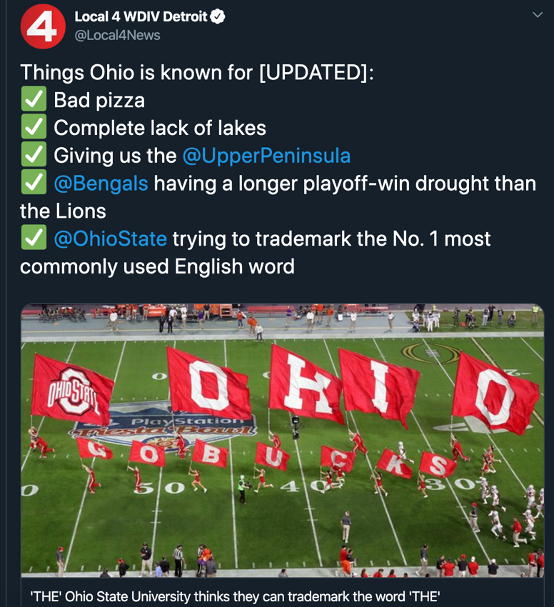 Screenshot of Facebook post joking about the Ohio State football team