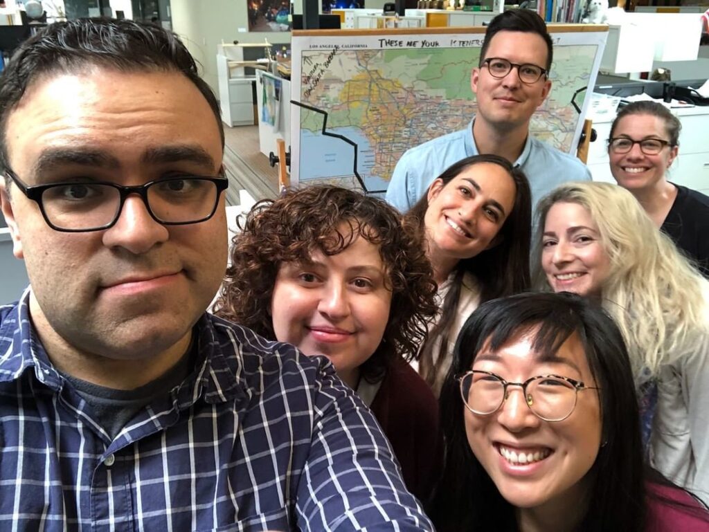 LAist editorial content team in a selfie, which they used as an Instagram post announcing the LAist fundraising campaign. Here’s the social caption: “Some personal news... LAist is coming up on almost a year since we relaunched as a nonprofit news site. And we just wanted to say THANK YOU! Your support motivates us every. Single. Day. It takes dozens of people working countless hours to create the stories you love. And we rely on readers like you to keep us going. So here’s your chance to make a difference. We’re inviting YOU to join the LAist fam. Membership to this fam comes with some cool swag and direct access to yours truly. Link in bio for more info.” Photo courtesy of KPCC.