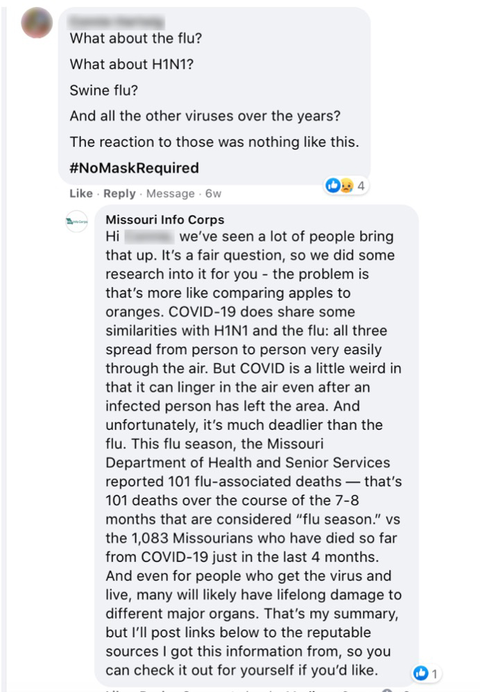 Missouri Information Corps addresses COVID-19 skeptic on Facebook