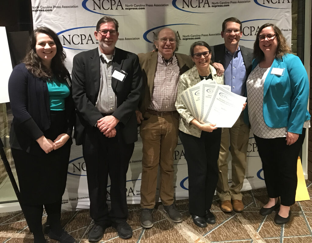 (L-R) Taylor Knopf, Greg Barnes, Tommy Goldsmith, Rose Hoban, Mark Tosczak (board member) and Anne Ehlers in January, 2020. They are working with Melba Newsroom as newsroom partners on this project.