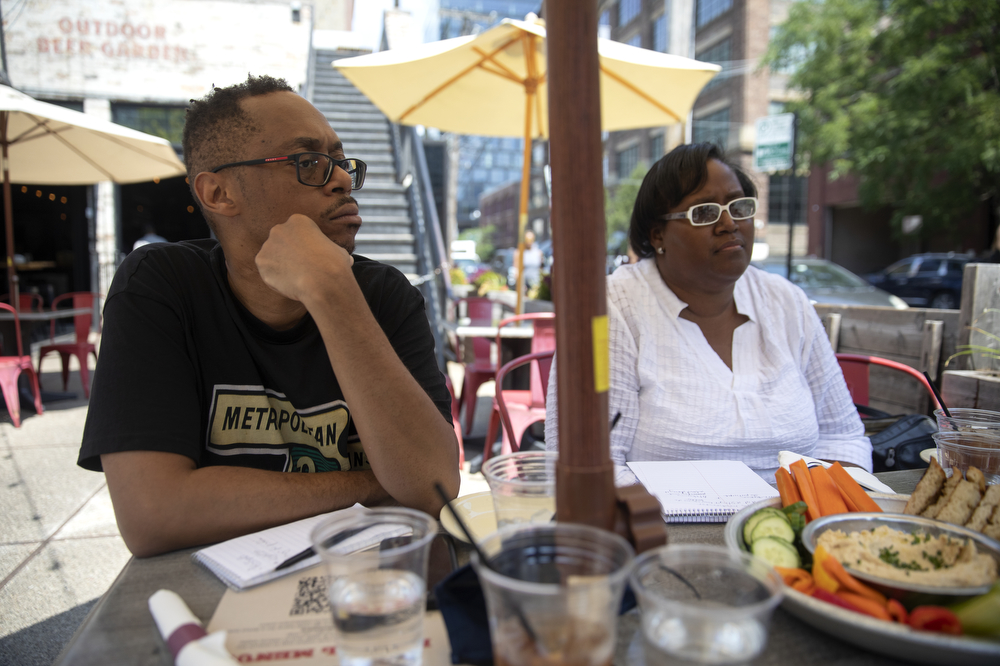 Will Lee, left, and Darcel Rockett brainstorm together August 5 in Chicago. Photo: Erin Hooley