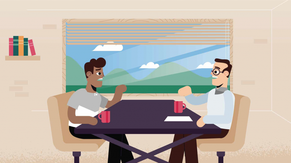 Frame from animation showing two men sitting in a booth with coffee cups in front of a window showing a mountain range in the background.