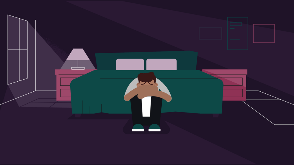 Frame from story animation showing man huddling at the foot of a bed in the dark