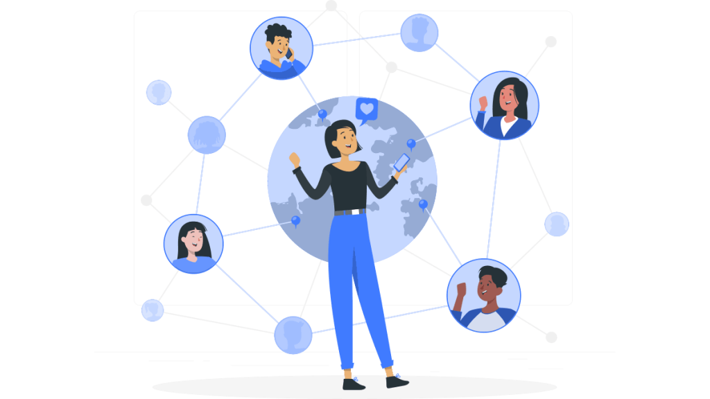 Illustration of a woman connecting with people around the world