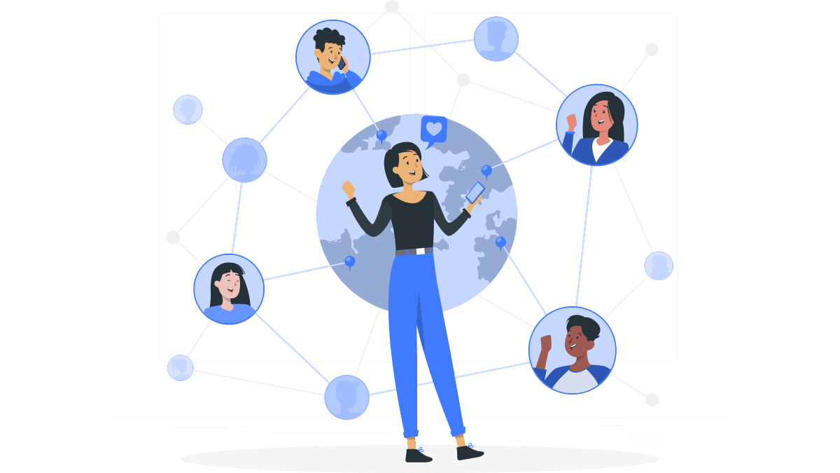 Illustration of a woman connecting with people around the world