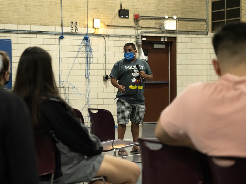 Baltazar Enriquez addresses the panel of journalists at the Covering Your Community first event Friday, Oct. 8, 2021, at St. Agnes of Bohemia School in Little Village in Chicago. Photo:Raquel Zaldivar