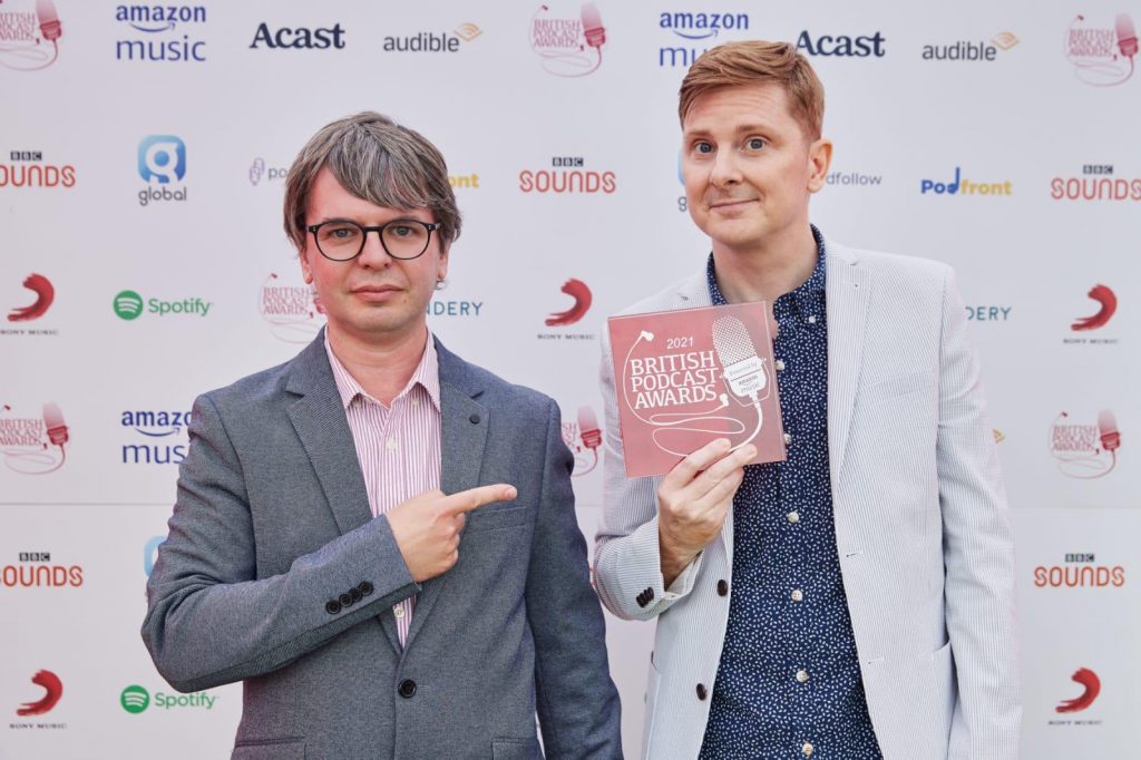 Image: Matt Deegan (right) and Matt Hill at the British Podcast Awards, which they founded in 2017, via Matt on Audio, Matt Deegan’s weekly newsletter.