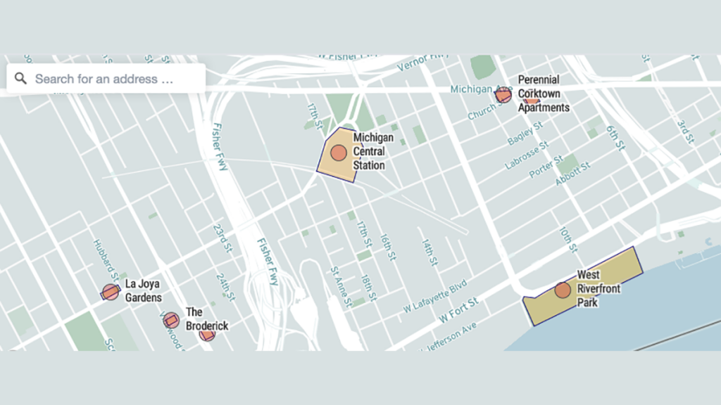 The map view in the Detroit Development Tracker, showing several development projects west of downtown.