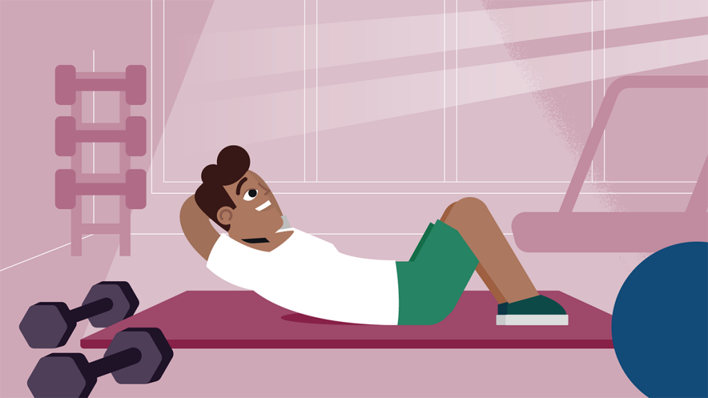 Illustration from animation showing young man exercising in a gym