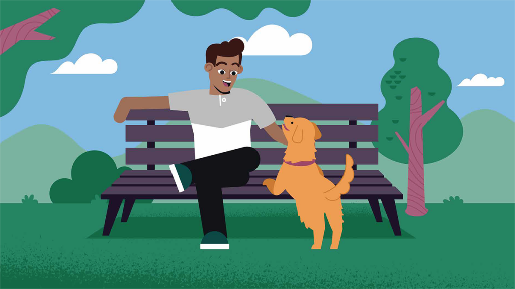 Illustration from animation showing young man on a park bench playing with a dog