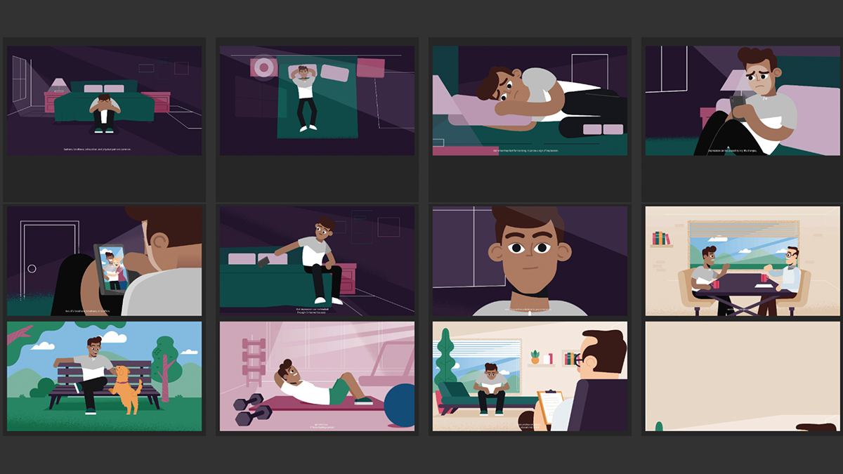 Multiple frames from animation showing young man dealing with mental health issues
