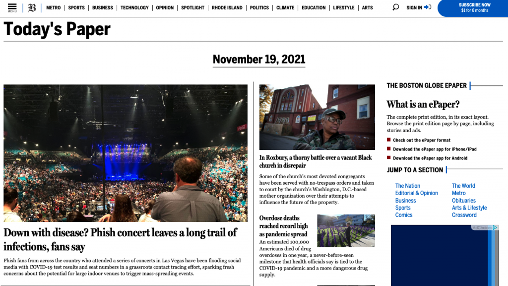 Despite numerous site redesigns since 2011, the Globe’s Today’s Paper section still survives (top) as does the much revamped Boston.com (bottom).