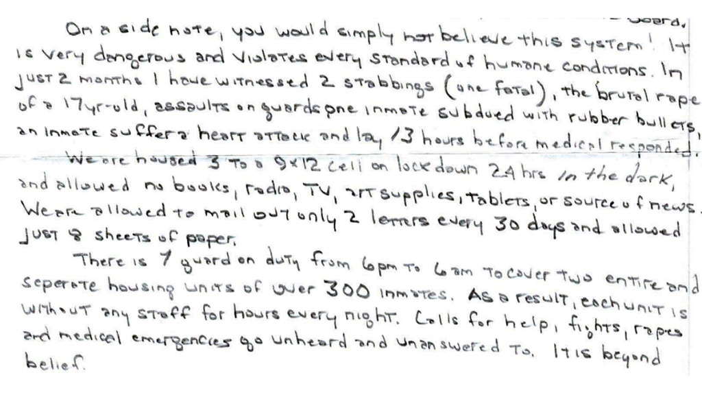 An excerpt of the letter I finally received from a prison journalist I’d been trying to communicate with for six months. 