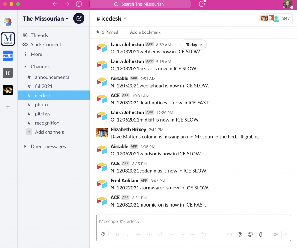 Screenshot of automated Slack messages alerting Missourian editors that a new story is in “ICE SLOW” or “ICE FAST” copy editing status.