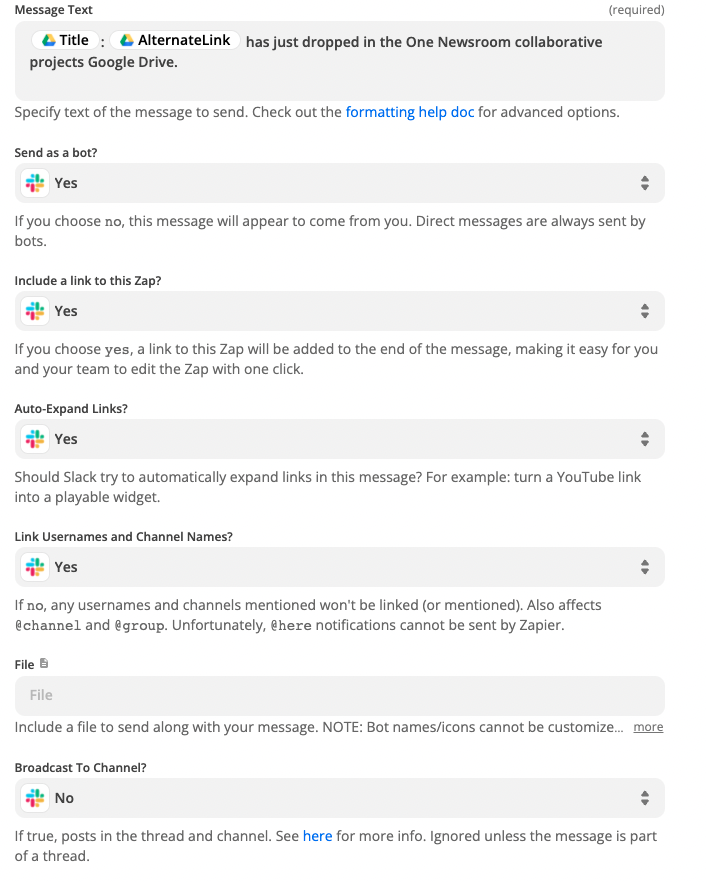 Screenshot of Zapier setup for Slack messaging when a file is uploaded to Google Drive. All options are default except removing the file attachment.