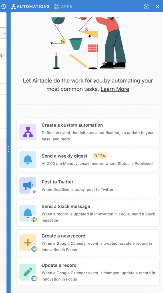 Screenshot of automations options in Airtable including: sending email, Twitter posting, Slack messaging, or creating or updating a record.
