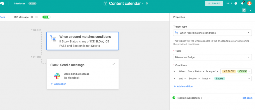 Screenshot of Missourian’s custom automation sending a Slack message whenever an Airtable story status contains the tags “ICE SLOW” or “ICE FAST”