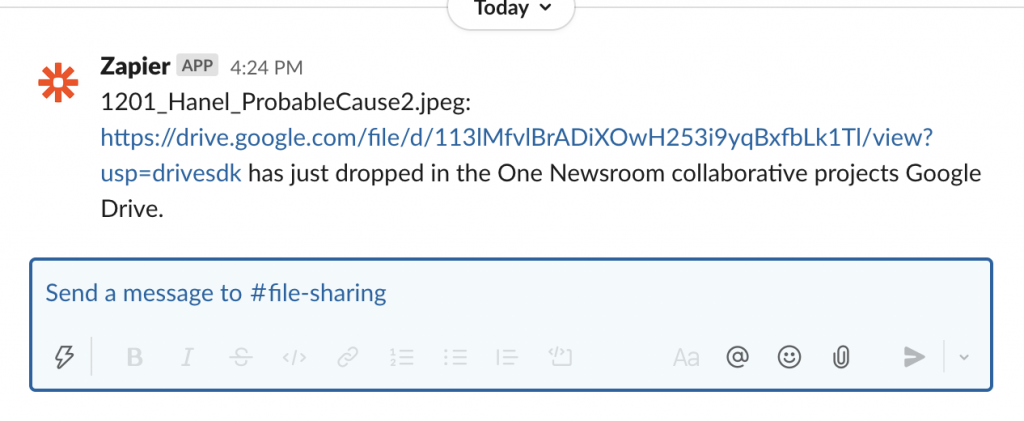 Screenshot of the resulting Slack message from Zapier automation notifying the channel that a new file has been dropped to the shared Google Drive.