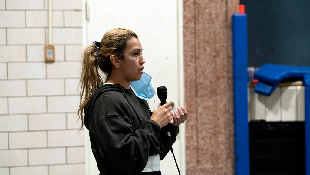 Yvette Casteneda addresses the panel of journalists at the Covering Your Community first event Friday, Oct. 8, 2021, at St. Agnes of Bohemia School in Little Village in Chicago. Photo: Raquel Zaldivar