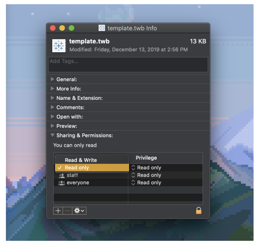 To convert a file to read-only mode, save the template as you would any other file, find the file in your file manager, and change the permissions to “read only” for all users. If you’re working on a Mac, you’ll find the appropriate settings after clicking “Get Info” for the file in question: