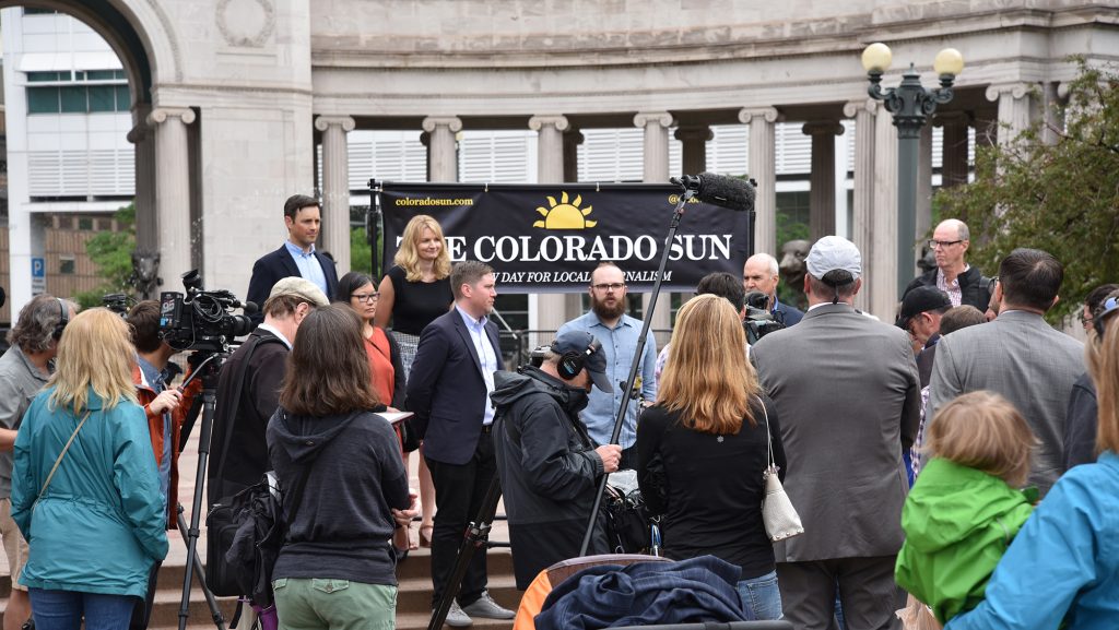 Civil  CEO and cofounder Matthew Iles talks about the organization's support  for The Colorado Sun at a press conference in Denver, Colorado, on June  17, 2019. Photo by Doug Conarroe