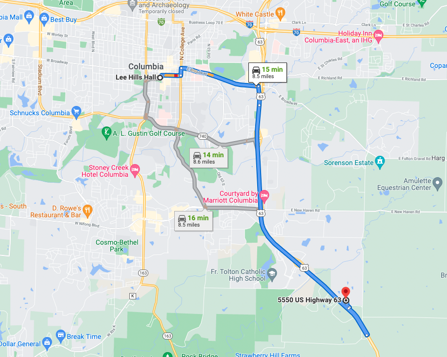 A Google Map image demonstrates the journey between KOMU-8’s TV station and Mizzou’s campus. Often, the assumption that reporters have their own cars and will be able to drive to conduct interviews is a given, leaving folks who rely on public transportation unable to gain the same opportunities.