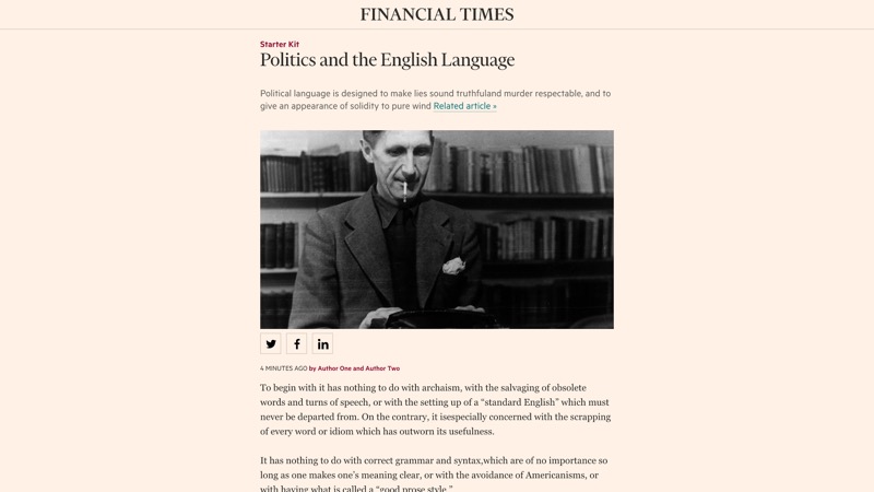 Screenshot of Financial Times, with the story Politics and the English Language, with a photo of George Orwell writing