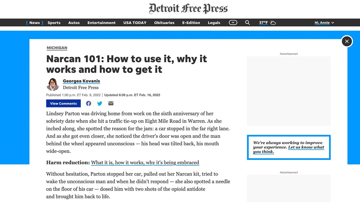 A screenshot of an article on the Detroit Free Press website by opioid beat reporter Georgea Kovanis. The article is titled “Narcan 101: How to use it, why it works and how to get it”.
