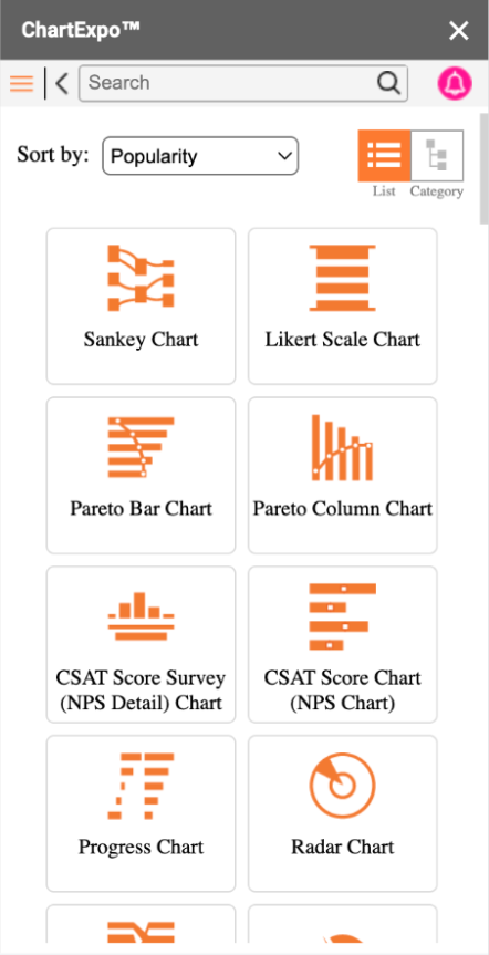A screenshot of many buttons with different types of graphs, including sankey, likert scale, and pareto bar.