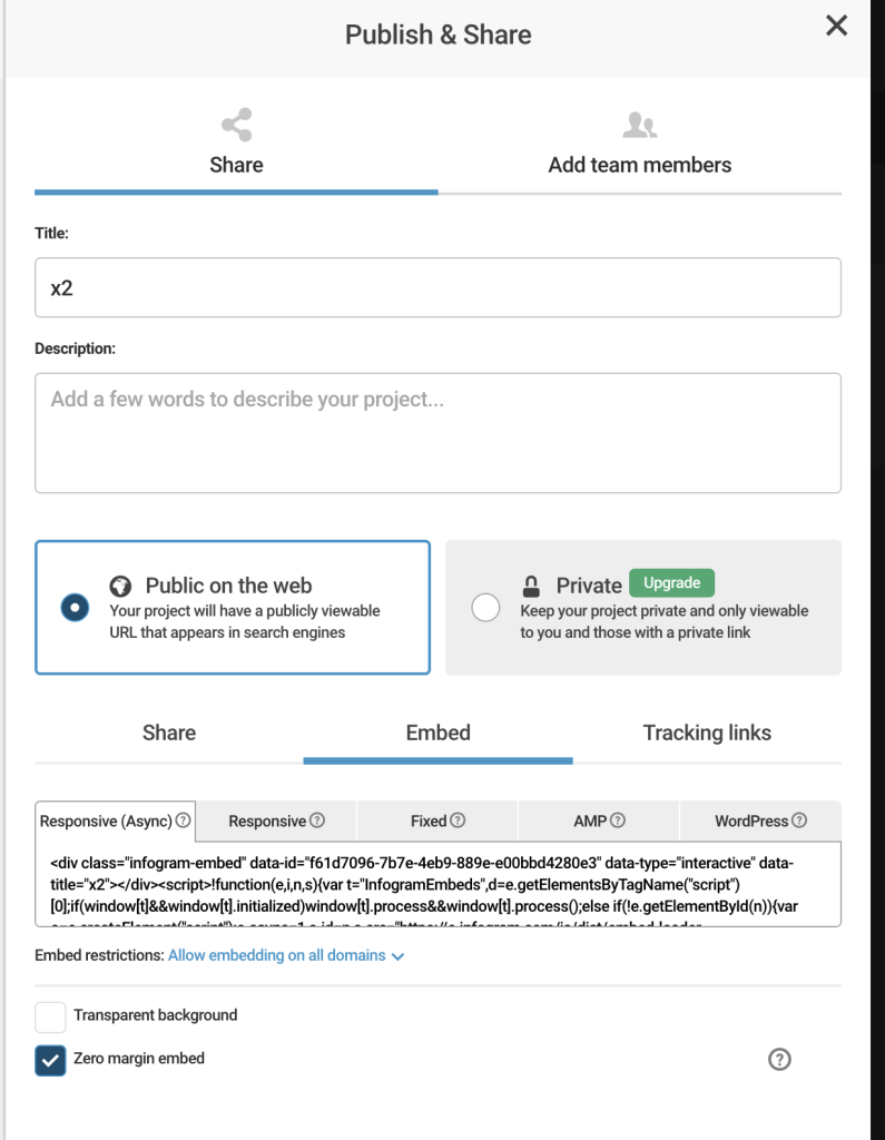 Screenshot of the share feature in infogram, with the embed method selected; this allows the journalist to directly add the responsive visualization to a CMS system.