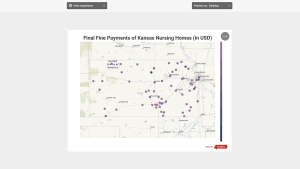 A preview of the publish/share feature, which shows a heatmap of Kansas, and is titled Final Fine Payments of Kansas Nursing Homes (in USD).