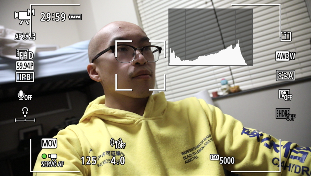 A photo of myself shot during the test of the Elgato capture card with camera settings overlaid over my image.