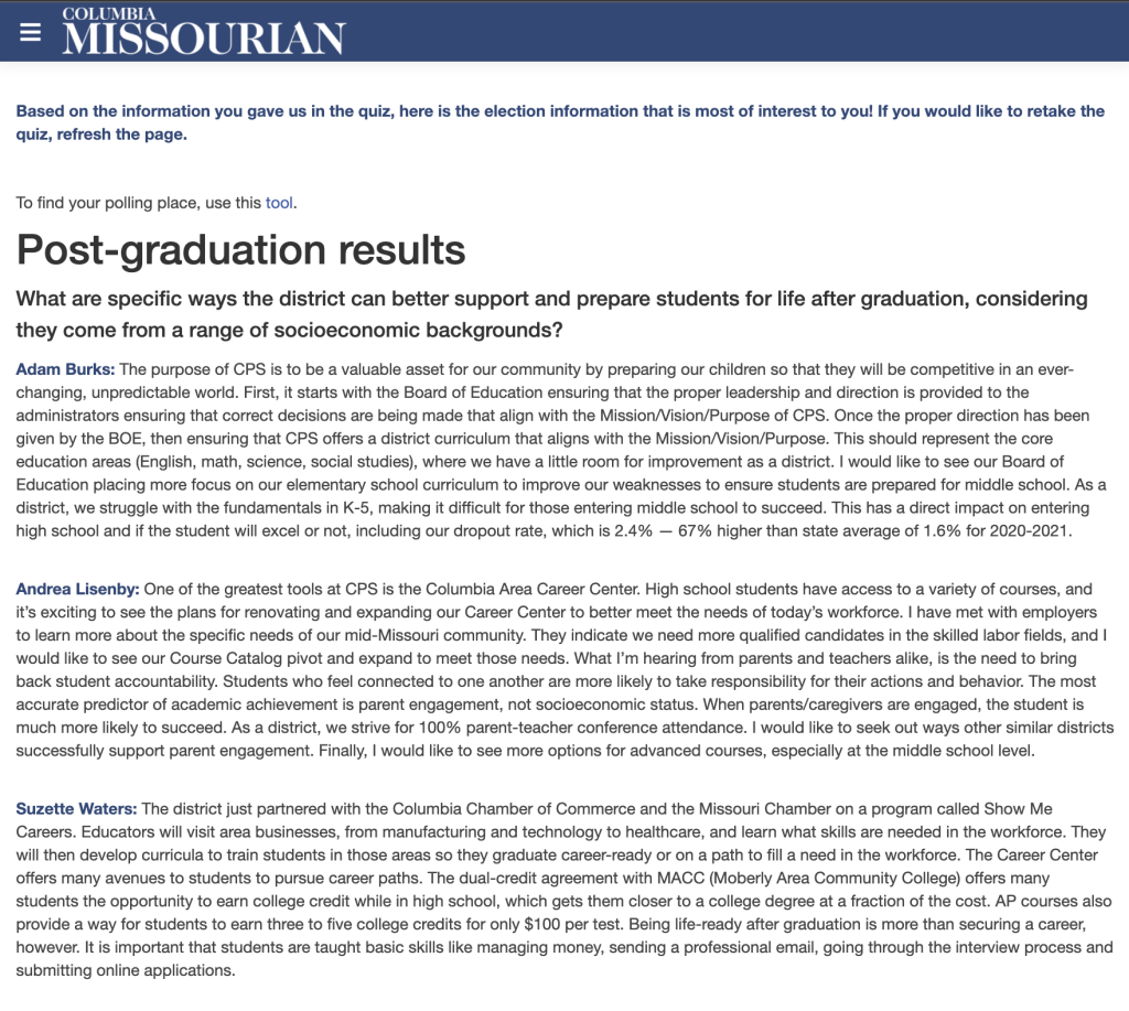 A screenshot of the Columbia Missourian article after the quiz has been submitted. In the article, there is a heading, a subheading, and responses from multiple school board candidates.