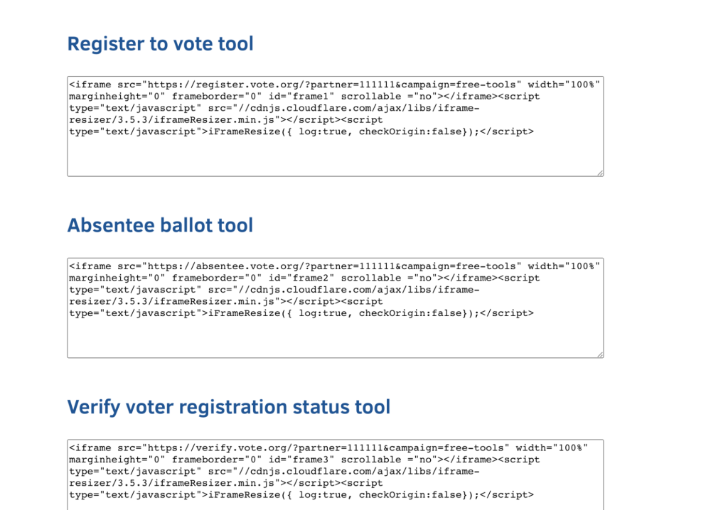 A screenshot of vote.org: three headers for voting tools, each with a box beneath that holds code.