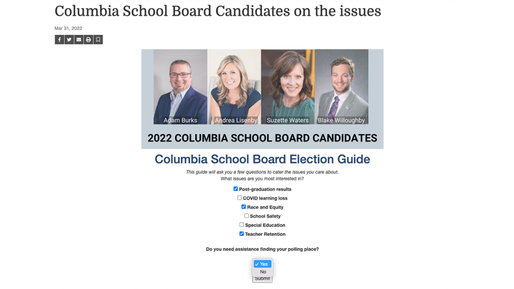 Header images of the school board candidates and a quiz of issues that voters care about where the user has selected post-graduation results, race and equity and teacher retention.