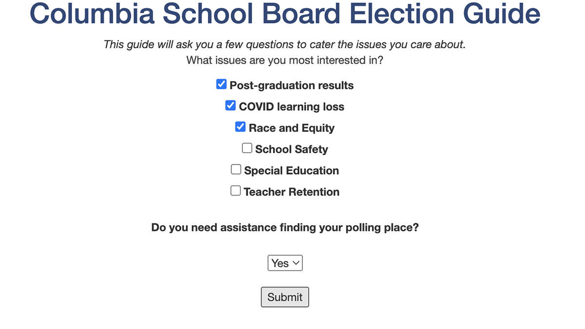 A quiz of issues that voters care about in the local school board election where the user has selected Post-graduate results, COVID learning loss, and Race and Equity.