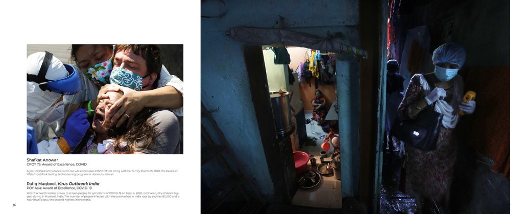 A two-page spread from Picture COVID-19, featuring a photo from Shafkar Anowar's CPOY-award winning project, and a photo from Rafiq Maqbool's POY Asia-award winning project, "Virus Outbreak India."