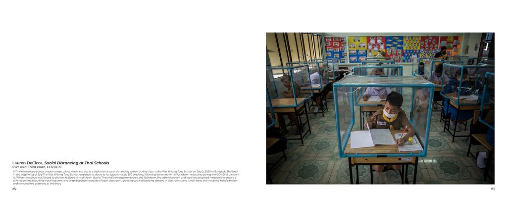 A two-page spread from Picture COVID-19, featuring a photo from Lauren DeCicca's POY-award winning project, "Social Distancing at Thai Schools."